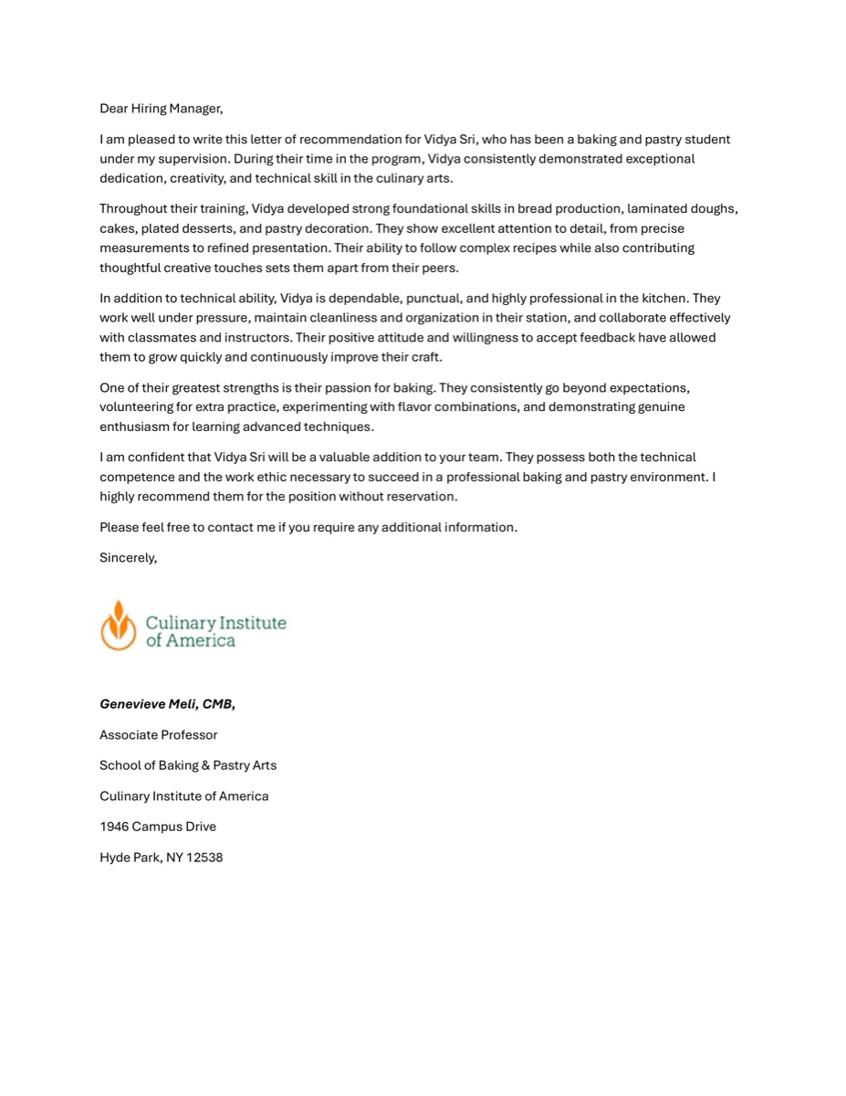 Letter of recommendation from Genevieve Meli, CMB — Culinary Institute of America