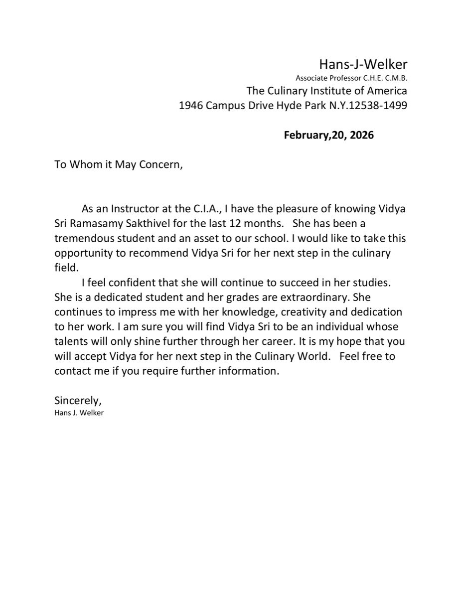 Letter of recommendation from Hans J. Welker, C.H.E. C.M.B. — Culinary Institute of America