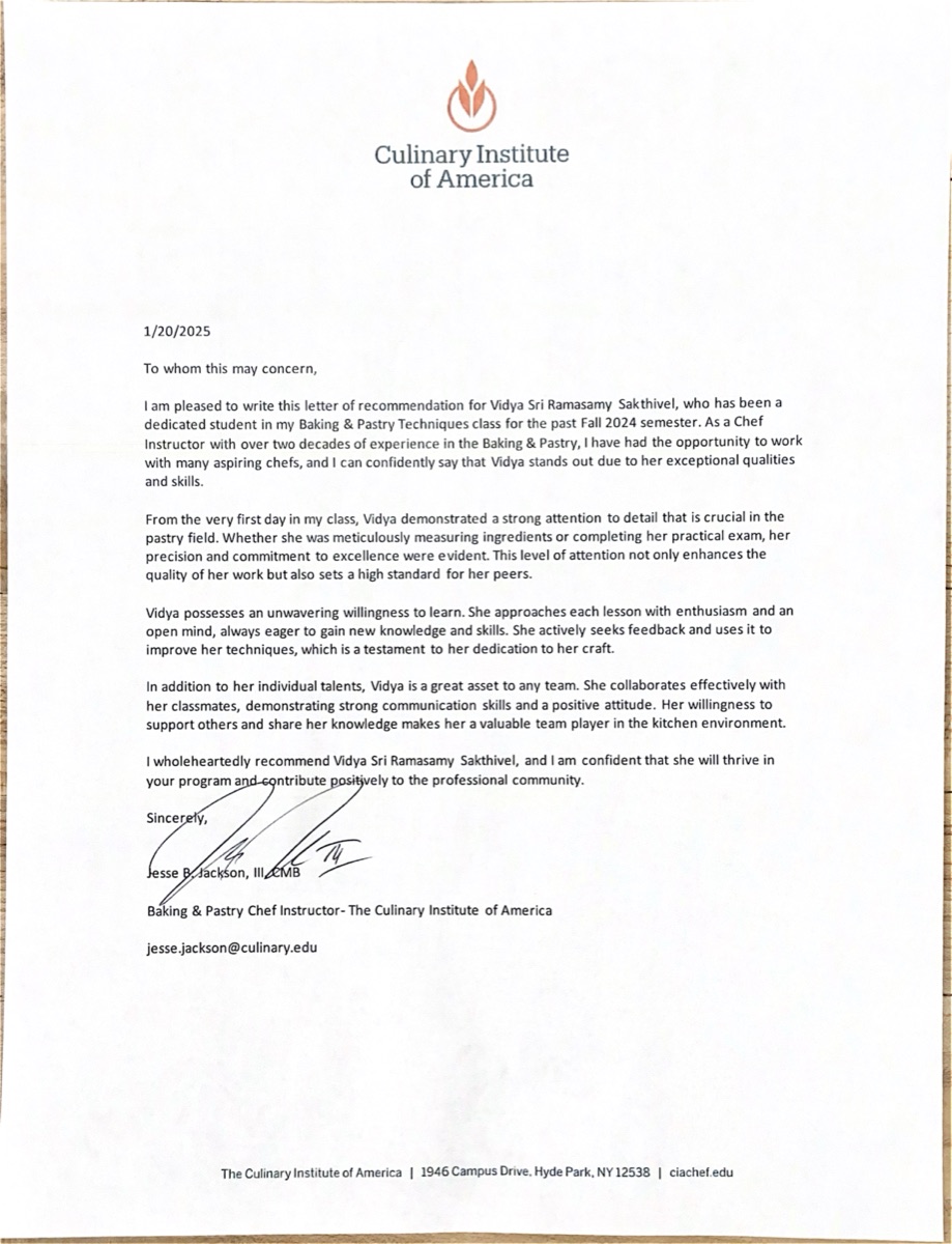 Letter of recommendation from Jesse B. Jackson III, CMB — Culinary Institute of America