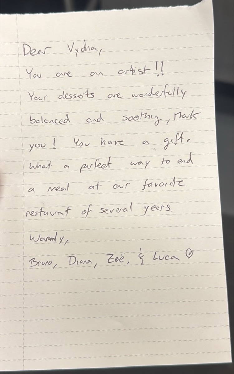 Handwritten note left at the table by guests Bruno, Diana, Zoë and Luca